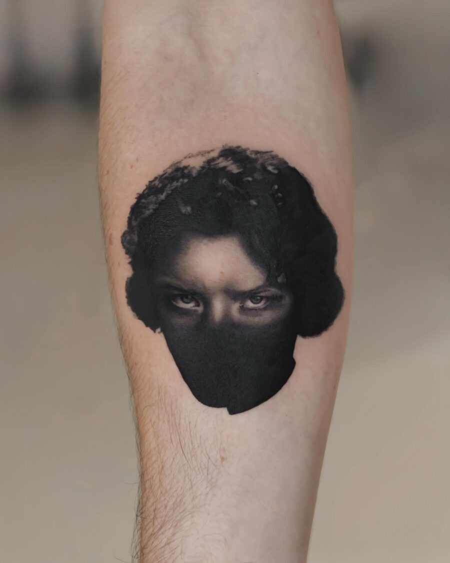 Unique hyper-realistic face mask tattoo design Tattoo Design