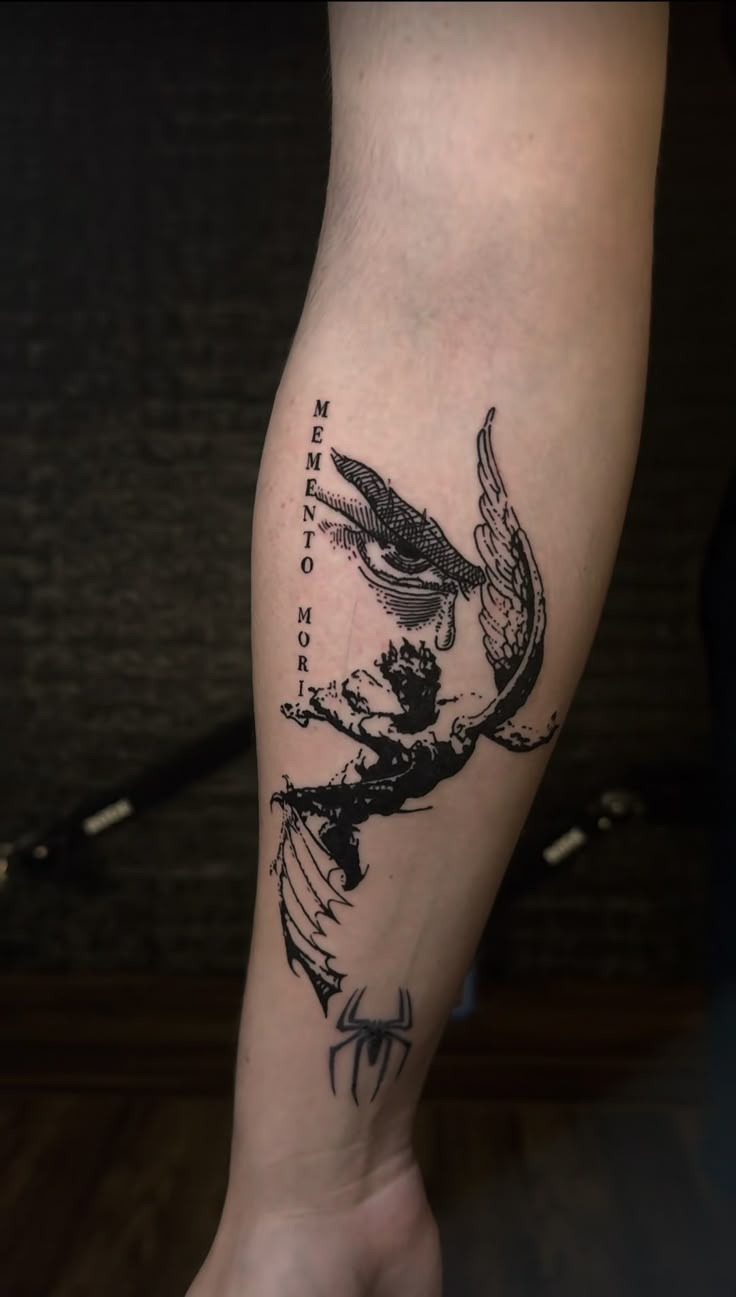 Blackwork Icarus With Memento Mori Text Tattoo Design