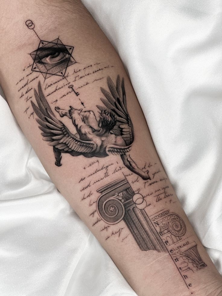 Classical Icarus With Script and Architecture Tattoo Design