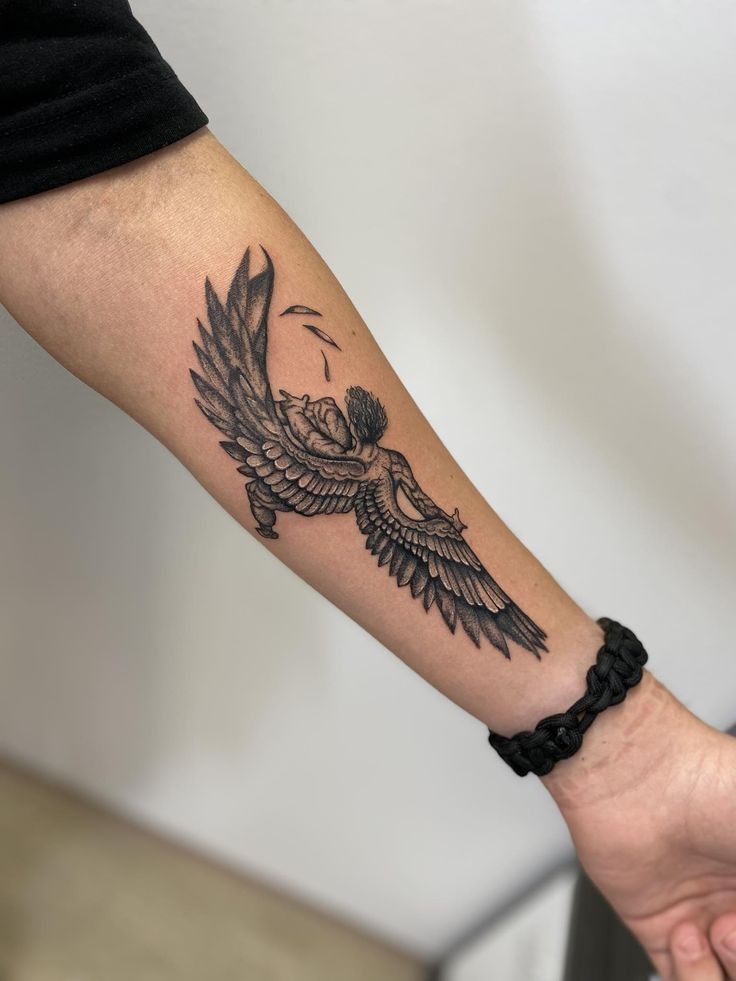 Dark Shaded Icarus Forearm Tattoo Tattoo Design