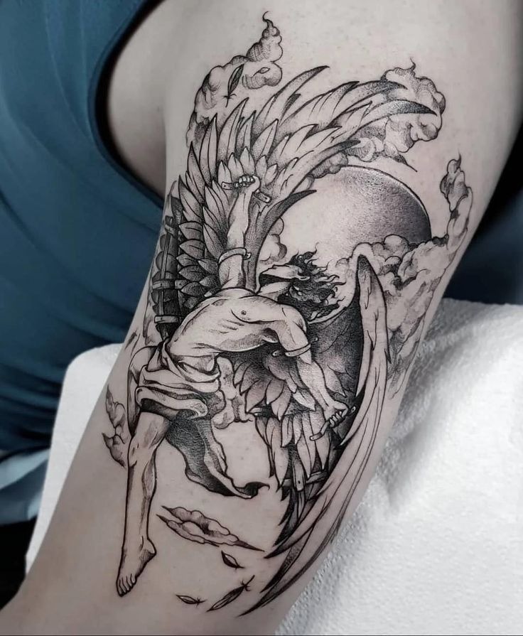 Dramatic Icarus Thigh Tattoo Tattoo Design
