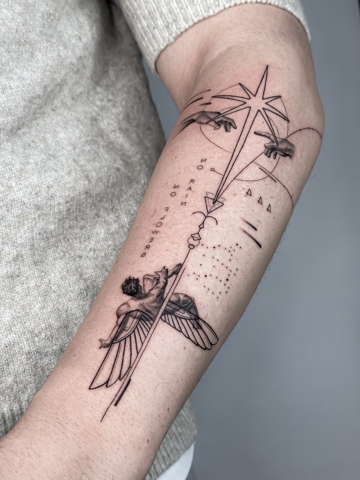 Fine Line Icarus With Falling Star Tattoo Design