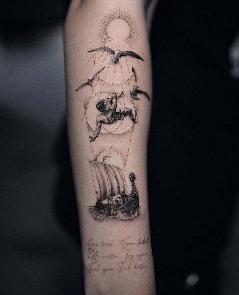 Icarus and Sailing Ship Tattoo Tattoo Design