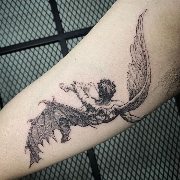 Icarus With Bat Wing Contrast Tattoo Design