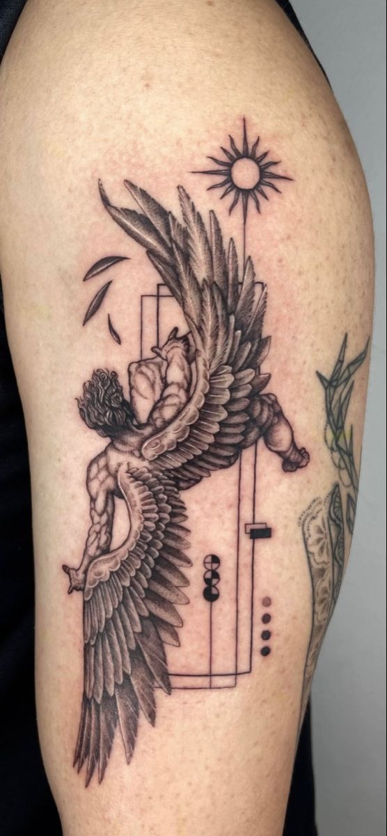 Icarus With Sun and Geometric Frame Tattoo Design