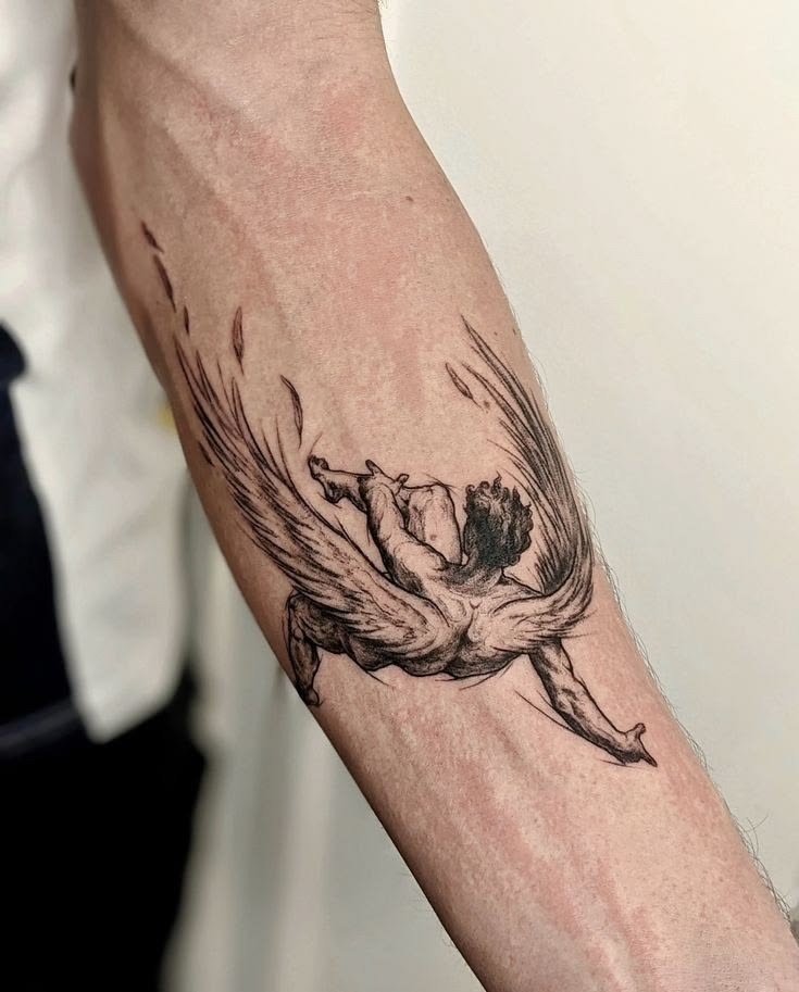Minimal Icarus Forearm Sketch Tattoo Design