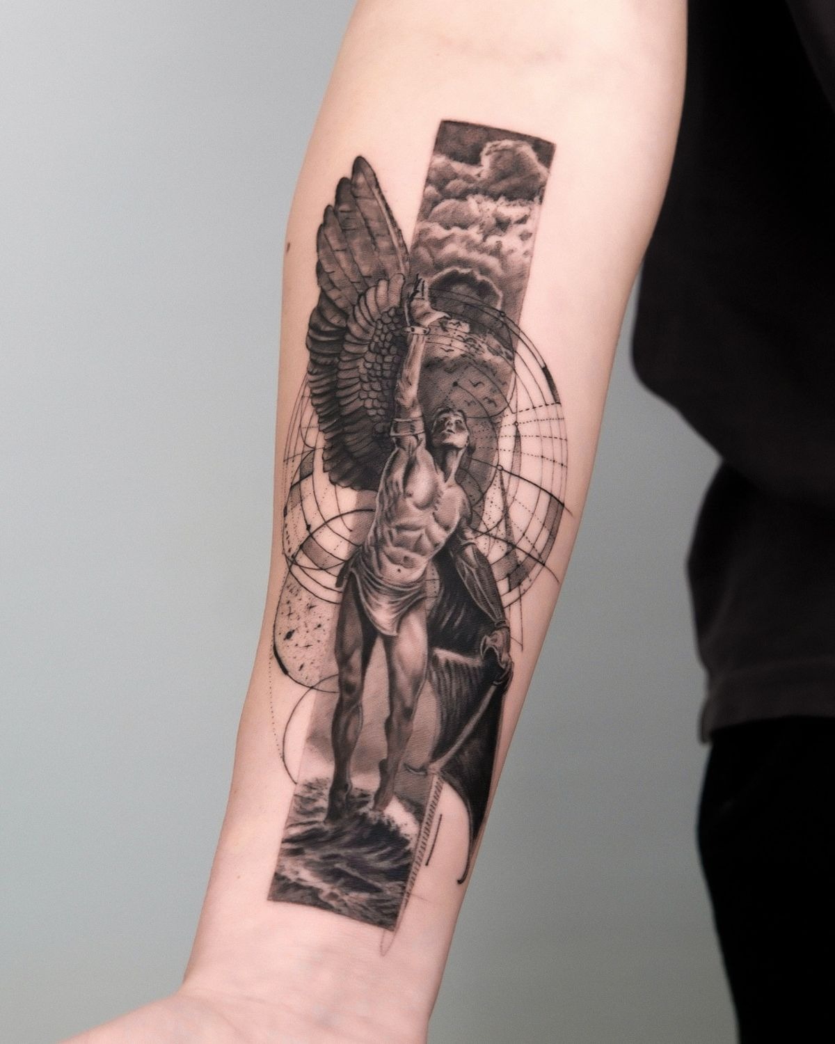Realistic Icarus With Ocean and Sky Tattoo Design