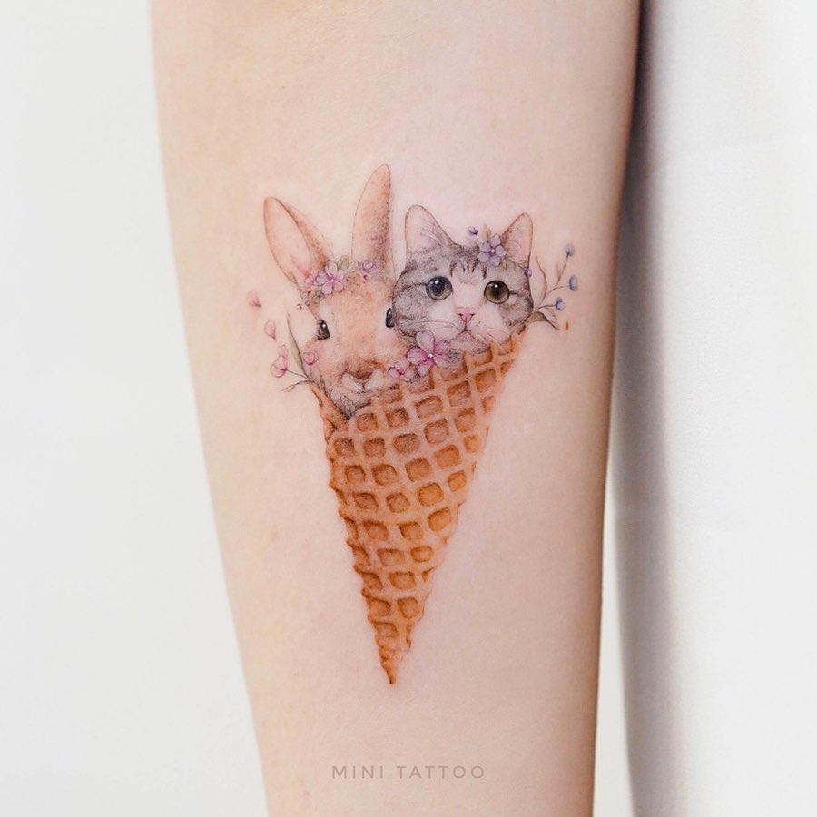 Quirky animals in an ice cream cone tattoo Tattoo Design