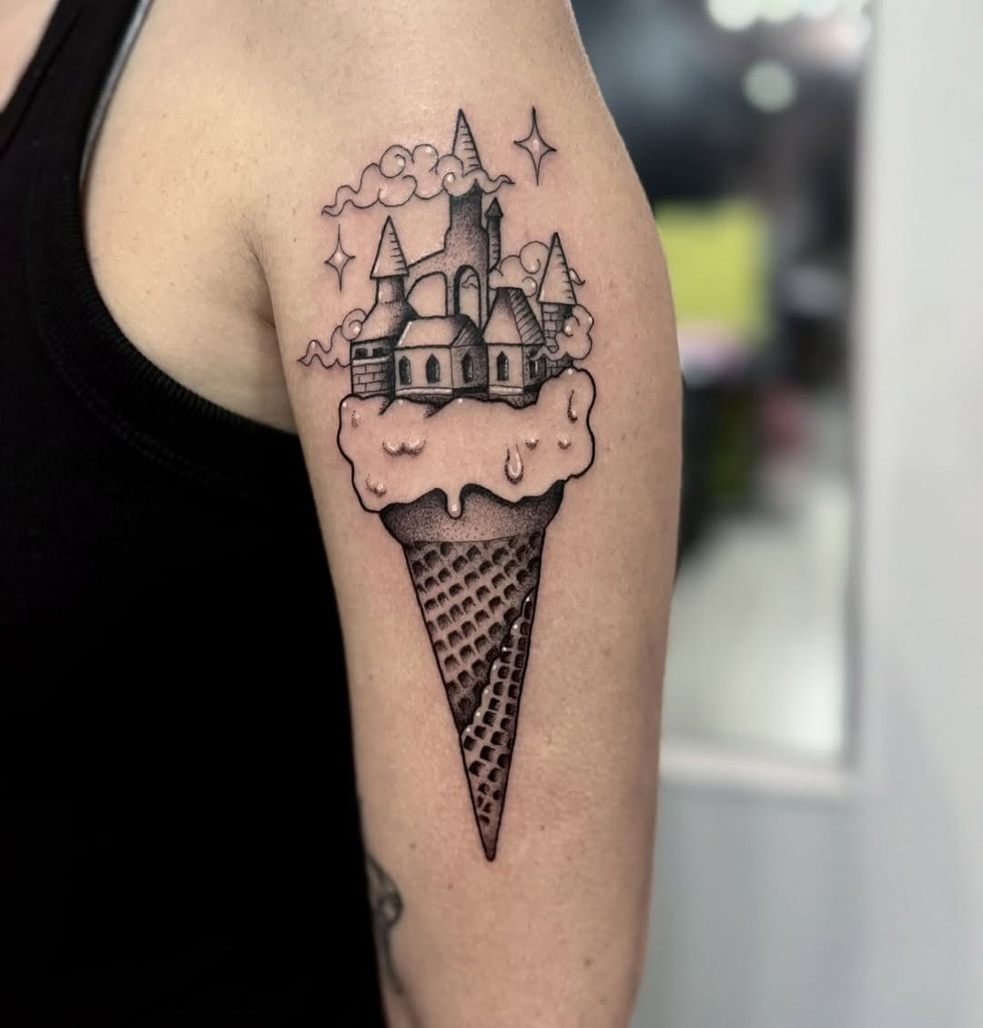 Whimsical ice cream tattoo with a castle theme Tattoo Design