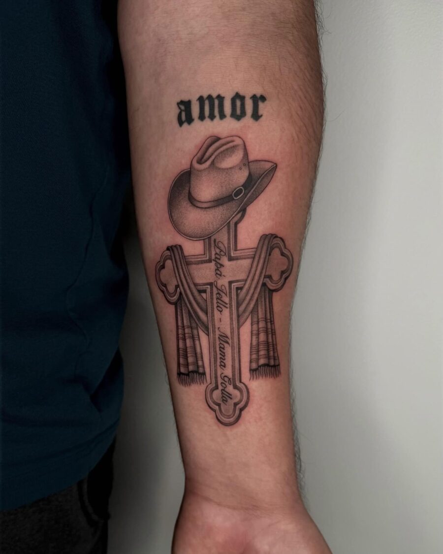 A heartfelt tribute featuring a cross and hat Tattoo Design