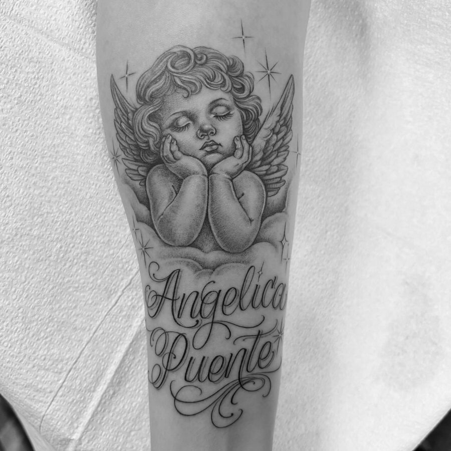 Cherubic angel tattoo honoring a loved one Tattoo Design