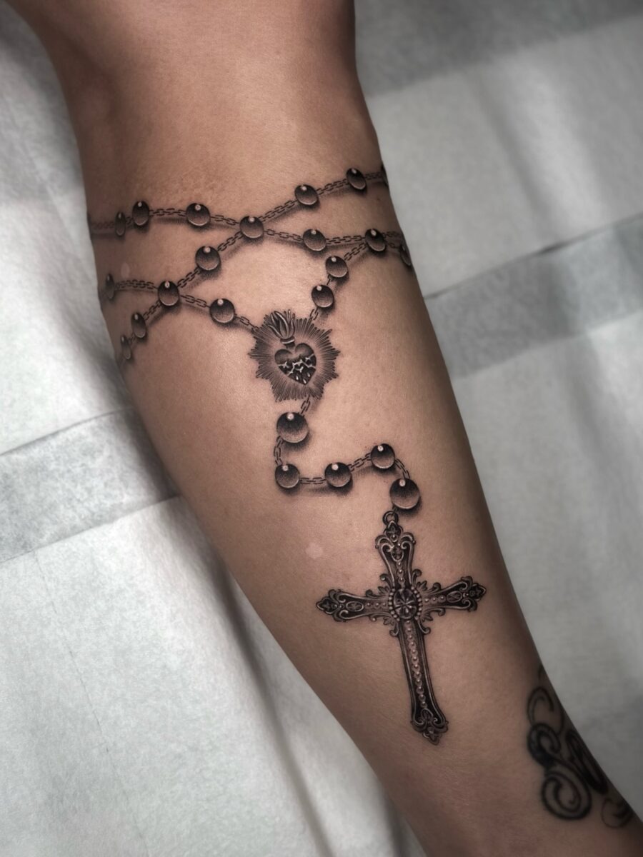 Elegant Cross and Rosary Chain Tattoo Design Tattoo Design