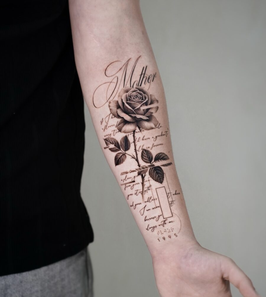 Elegant Memorial Rose Tattoo With Loving Inscription Tattoo Design