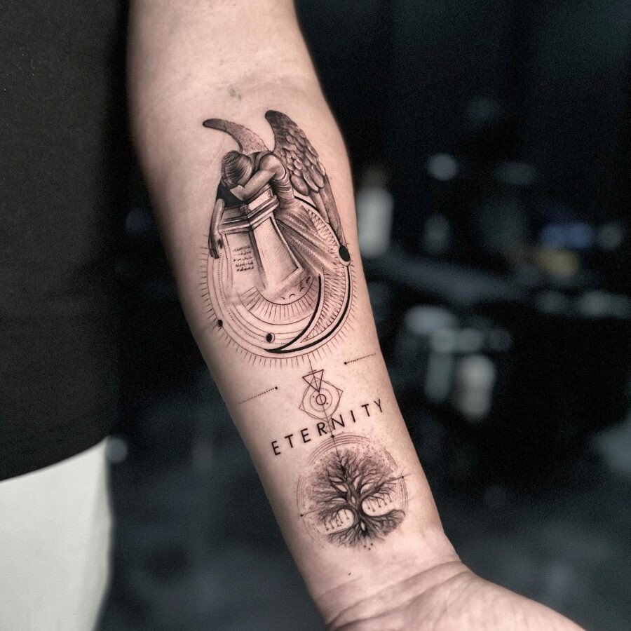 Elegant memorial tattoo with angelic themes Tattoo Design