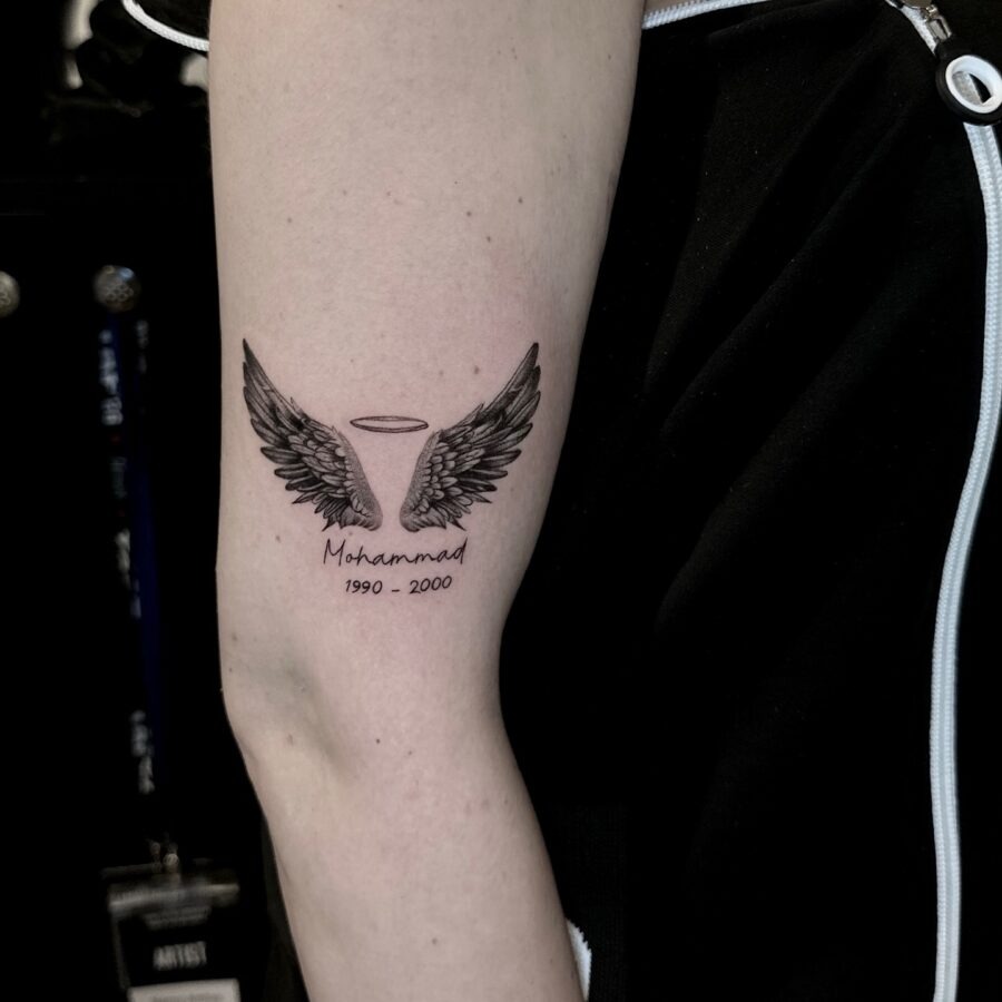 Elegant tribute with angel wings and halo Tattoo Design