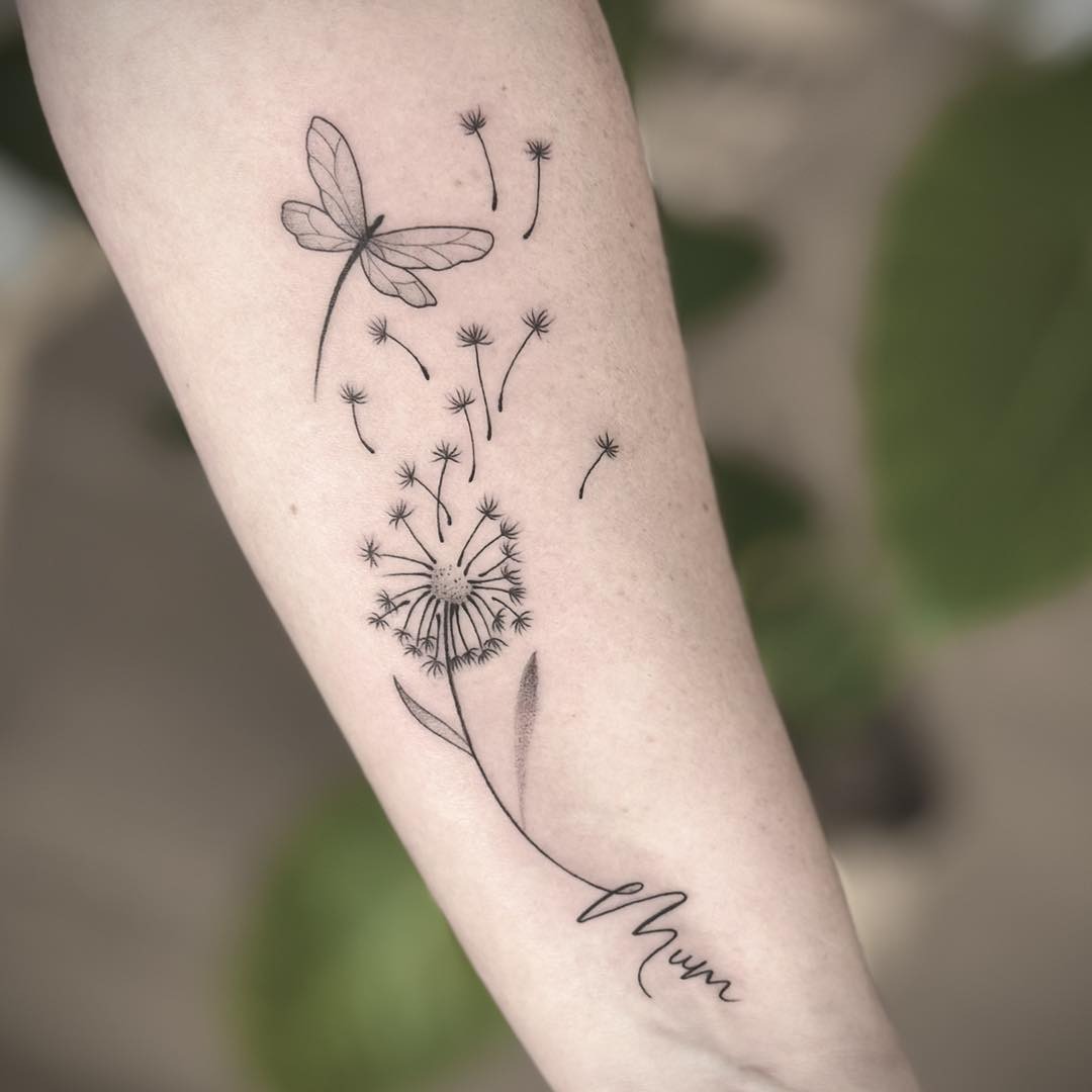 Elegant tribute with dandelion and dragonfly design Tattoo Design