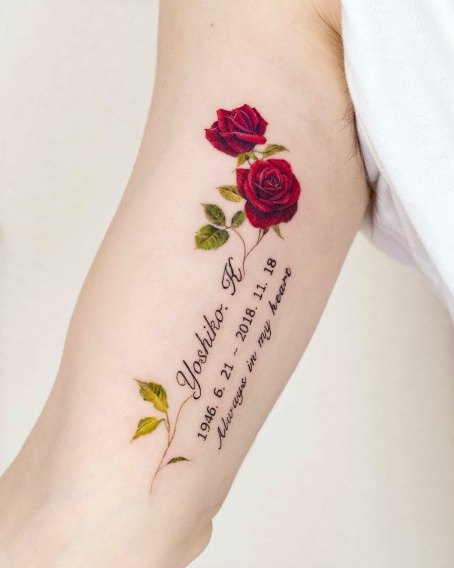 Elegant tribute with roses and heartfelt script Tattoo Design