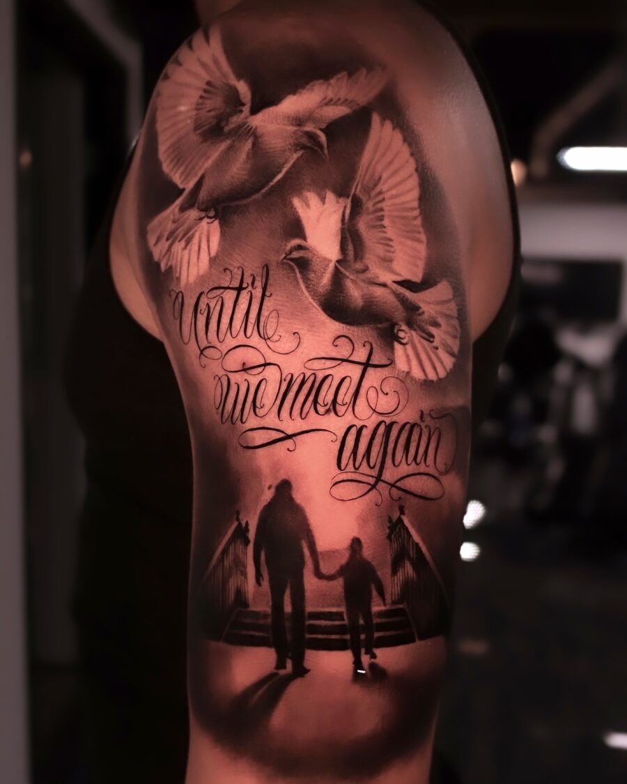 Emotional tribute with doves and silhouette Tattoo Design