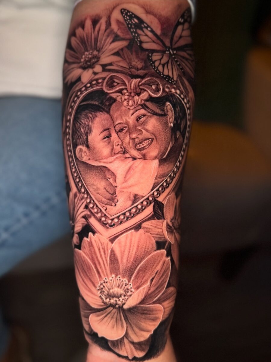 Heartfelt memorial tattoo of mother and child Tattoo Design