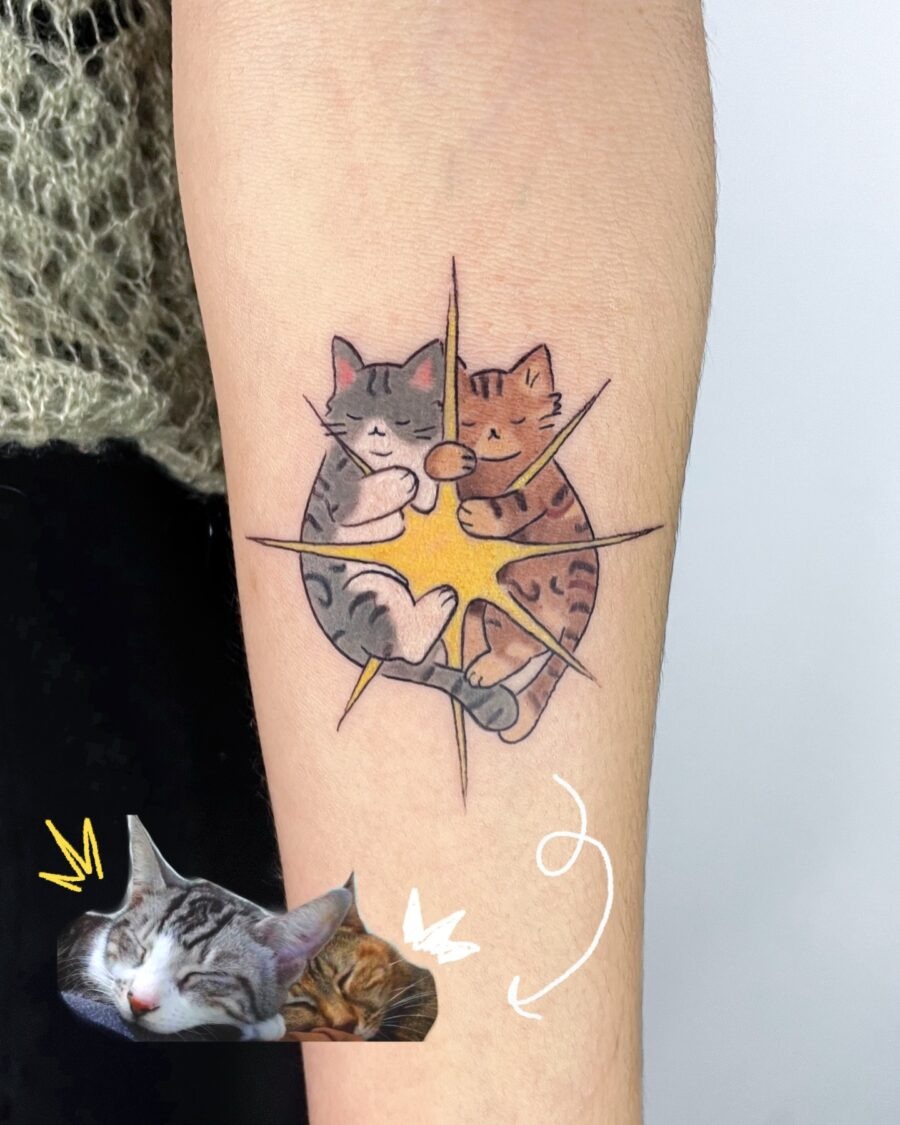 Heartwarming tribute with playful cat tattoos Tattoo Design