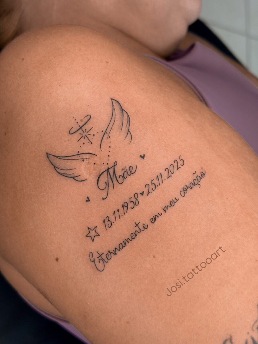 Touching tribute tattoo with wings and dates Tattoo Design
