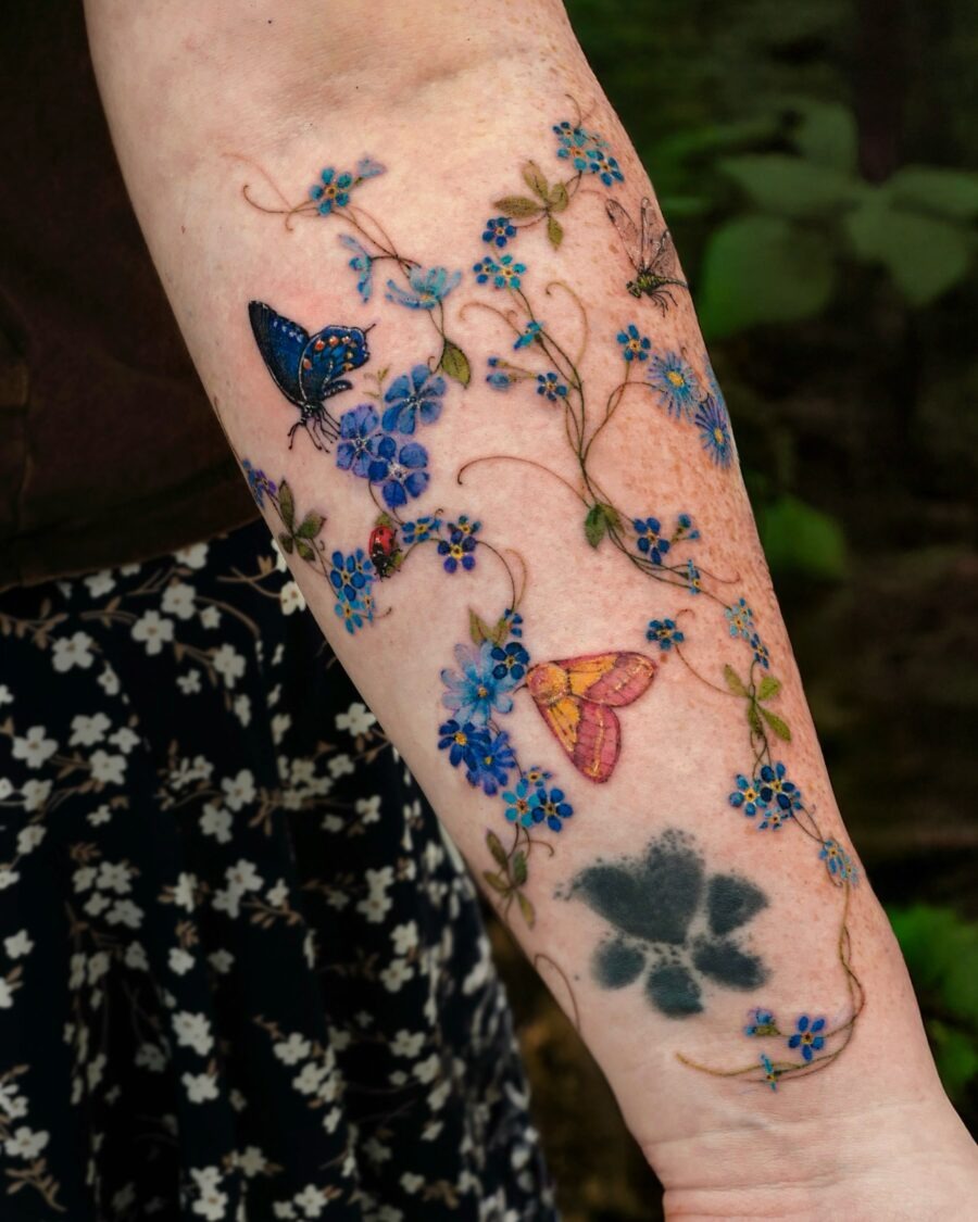 Vibrant Floral and Butterfly Memorial Tattoo Tattoo Design