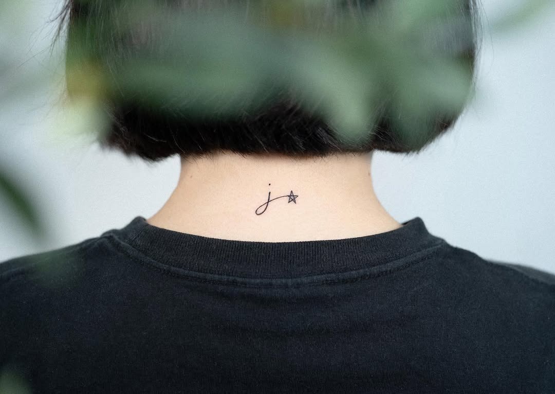 Charming Initials Tattoo on the Neck Tattoo Design