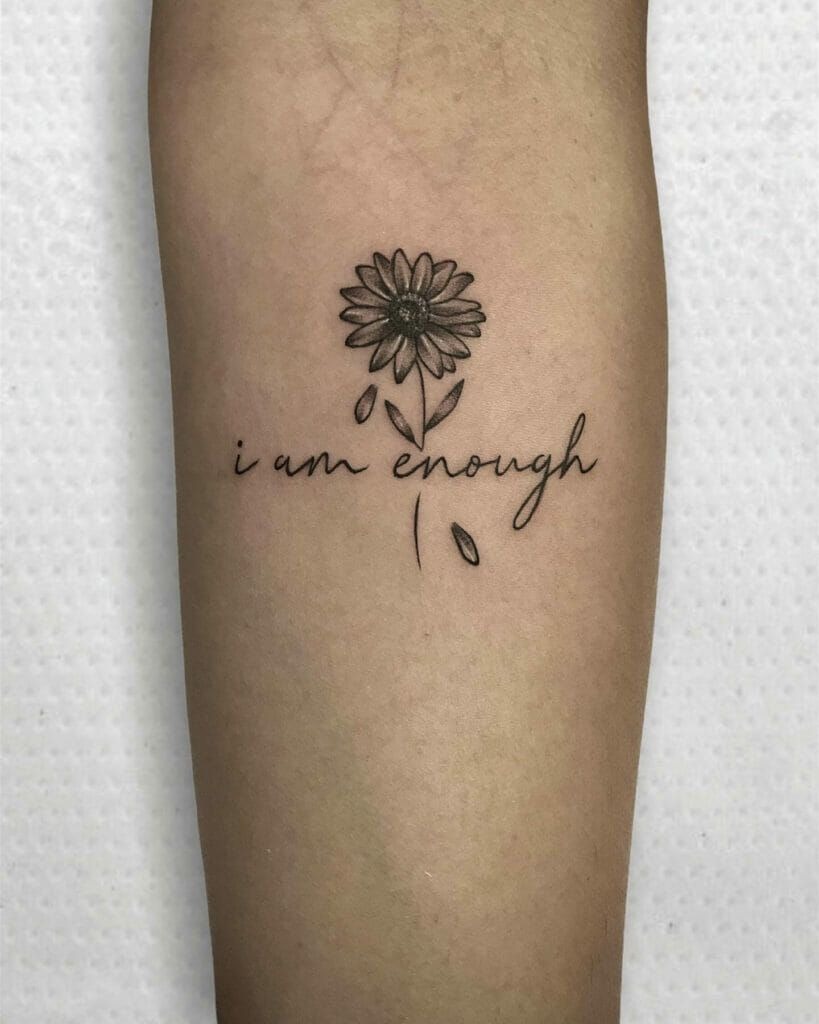 I Am Enough with Floral Detail, a tattoo design rendered in clean detailed linework.