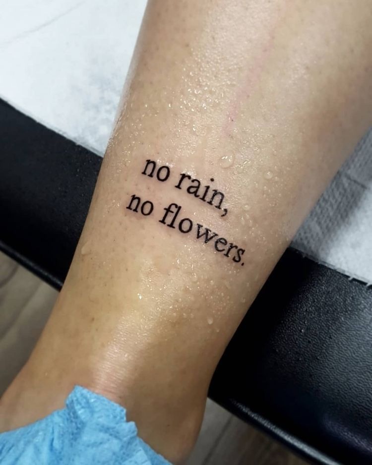 No Rain, No Flowers, a tattoo design rendered in clean detailed linework.