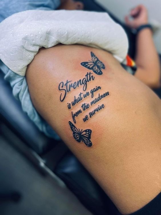 Strength with Butterflies, a tattoo design rendered in clean detailed linework.