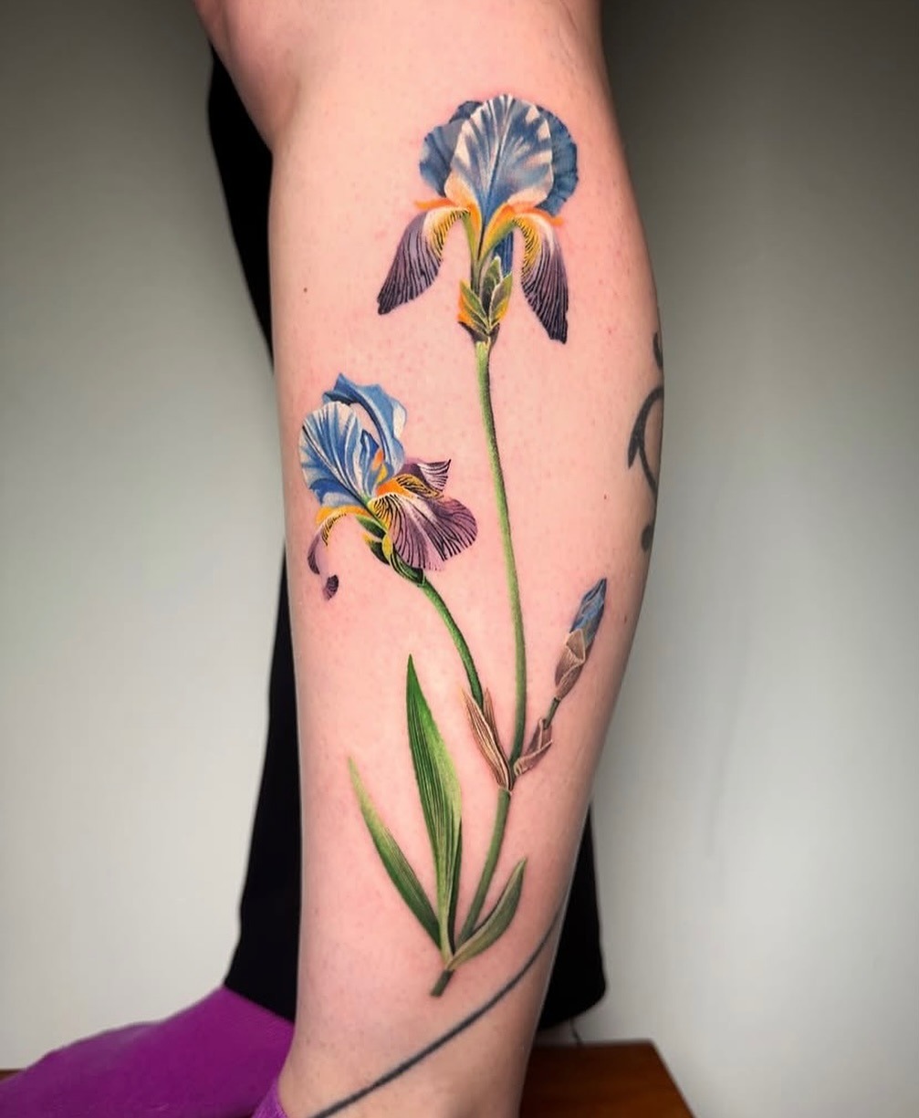 This iris tattoo showcases a pair of elegantly designed flowers with stunning colors.