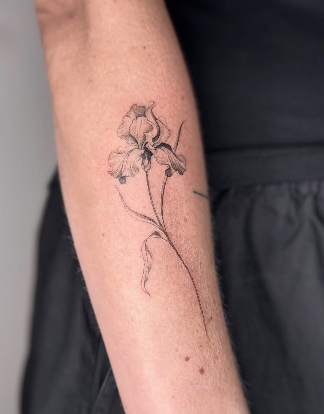 This stunning iris tattoo elegantly adorns the forearm, showing its intricate details.
