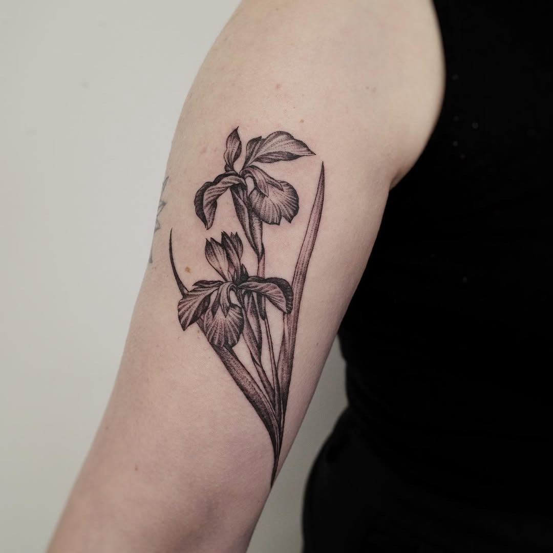 This intricate iris tattoo features elegant, detailed flowers and leaves.