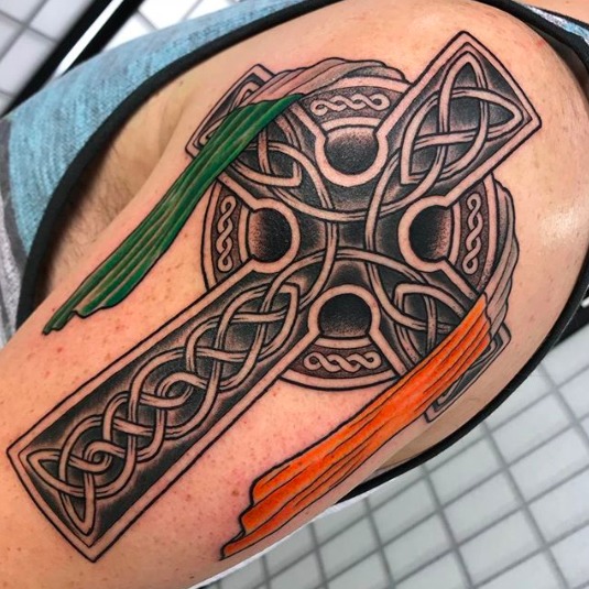 Celtic Cross with Irish Flag Colors Tattoo Design