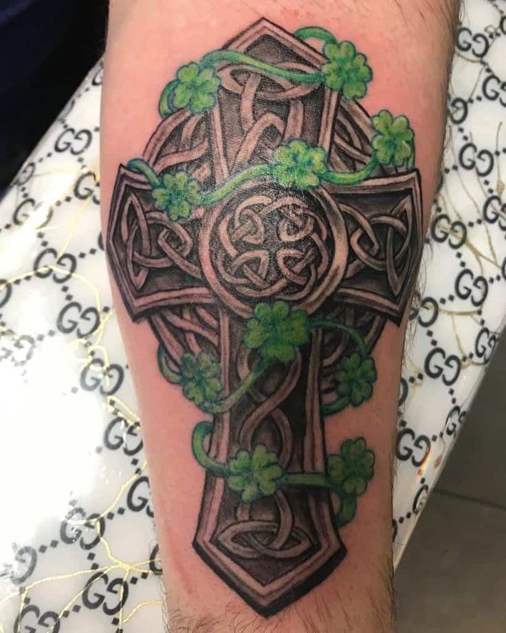 Celtic Cross with Shamrock Vines Tattoo Design