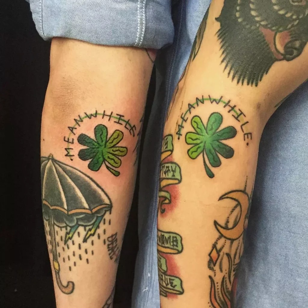 Shamrock Tattoo with "Meanwhile" Script Tattoo Design