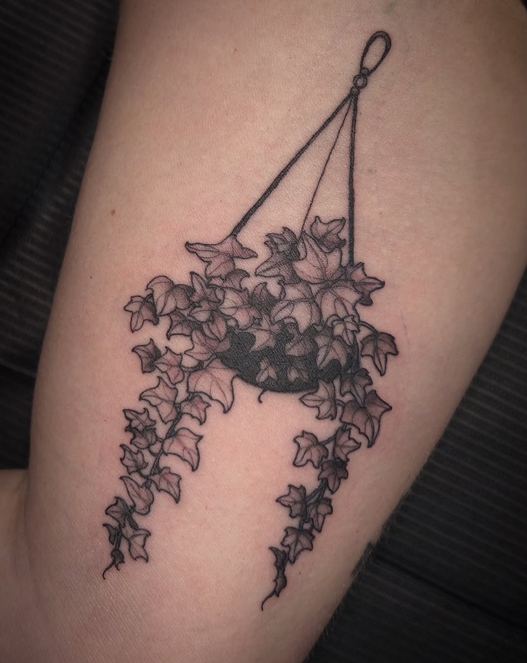 Elegant Ivy Plant Tattoo with Hanging Planter Tattoo Design