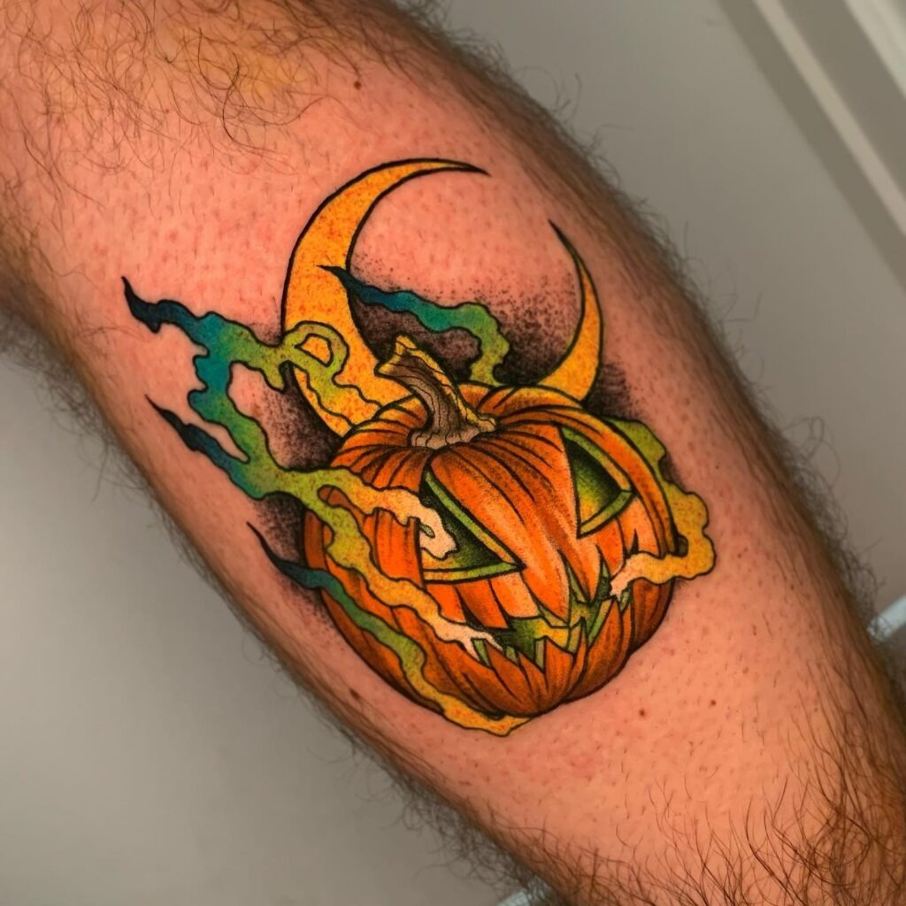 Glowing Jack O' Lantern with Crescent Moon Tattoo Tattoo Design