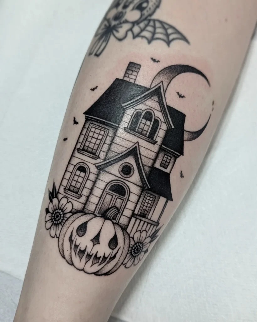 Haunted House with Jack O' Lantern Tattoo Tattoo Design