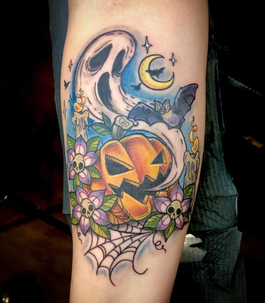 Haunted Jack O' Lantern Tattoo with Ghostly Companions Tattoo Design