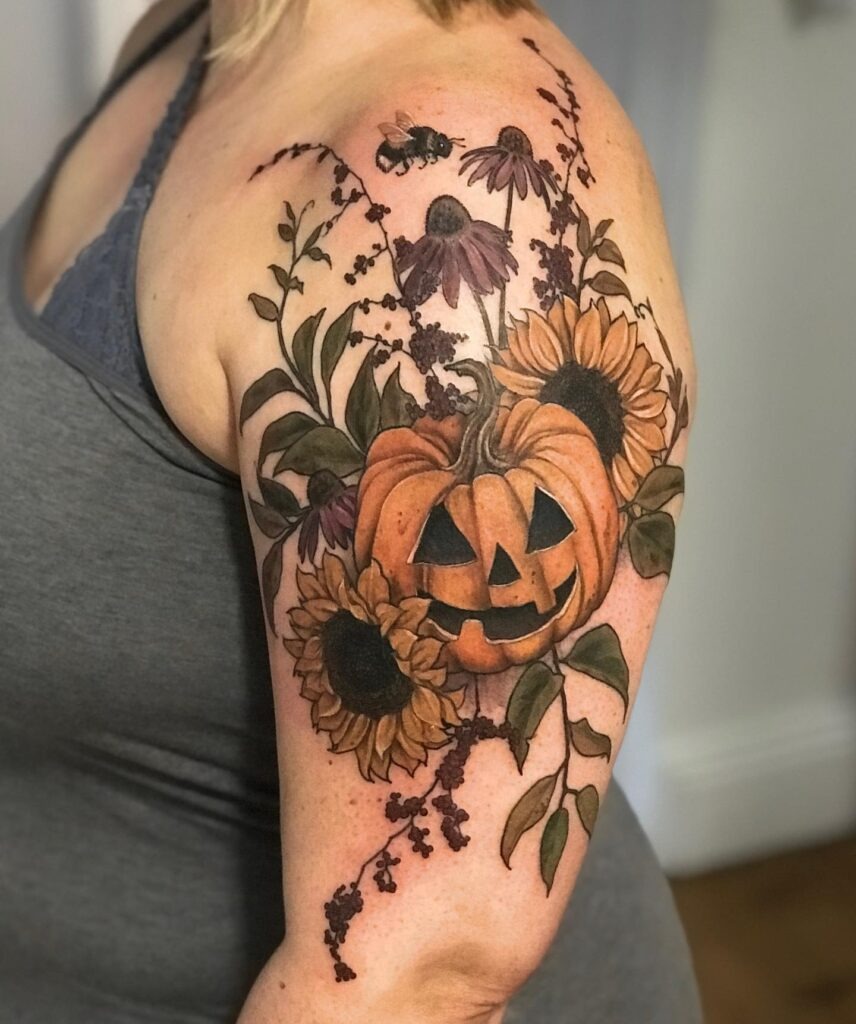 Jack O' Lantern with Sunflowers Tattoo Tattoo Design