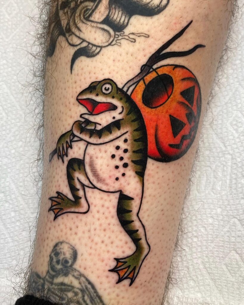 Trick-or-Treat Frog with Jack O' Lantern Tattoo Tattoo Design