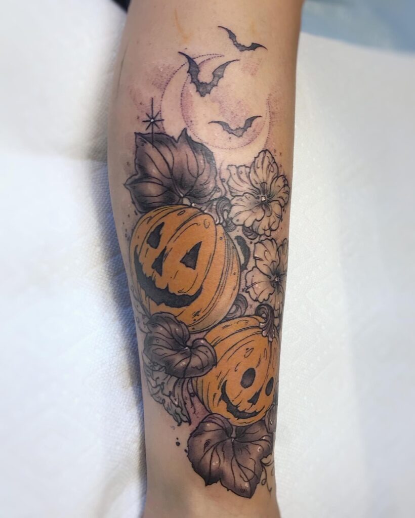 Twin Jack O' Lanterns with Moon and Bats Tattoo Tattoo Design
