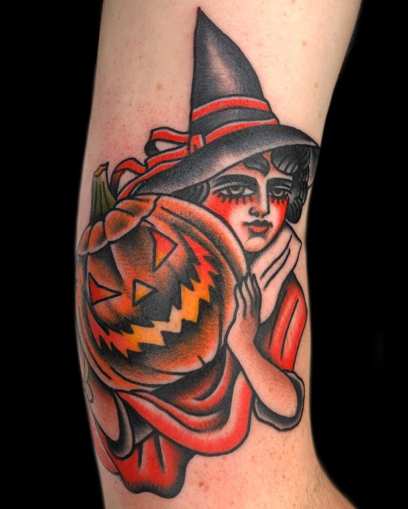 Vintage Witch with Jack O' Lantern Tattoo Tattoo Design