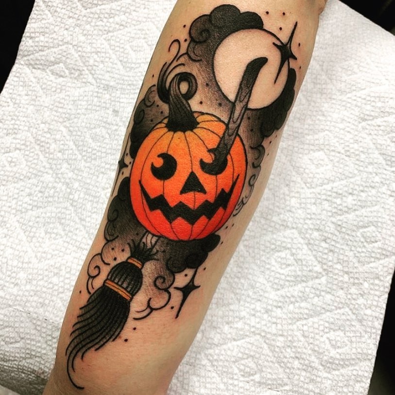 Witchy Jack O' Lantern with Moon Tattoo Tattoo Design