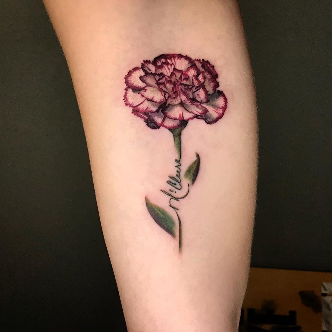 Tiny Wrist Carnation with Name Tattoo Design
