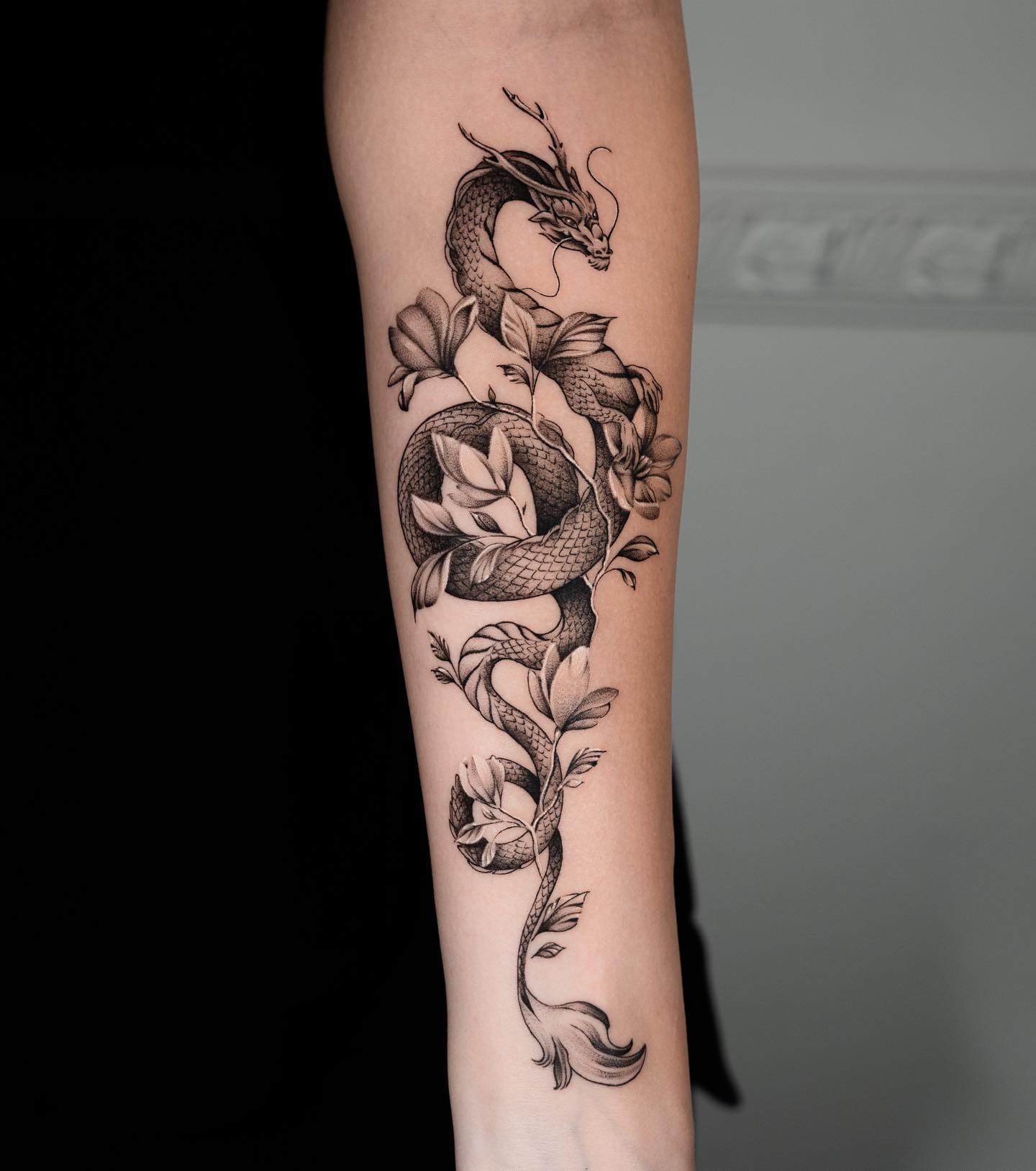Floral Japanese Dragon Tattoo Tattoo Design