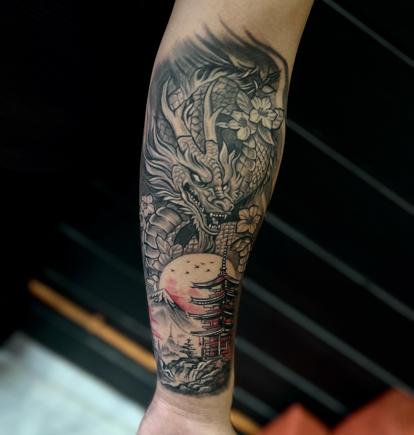 Japanese Dragon and Pagoda Tattoo Tattoo Design