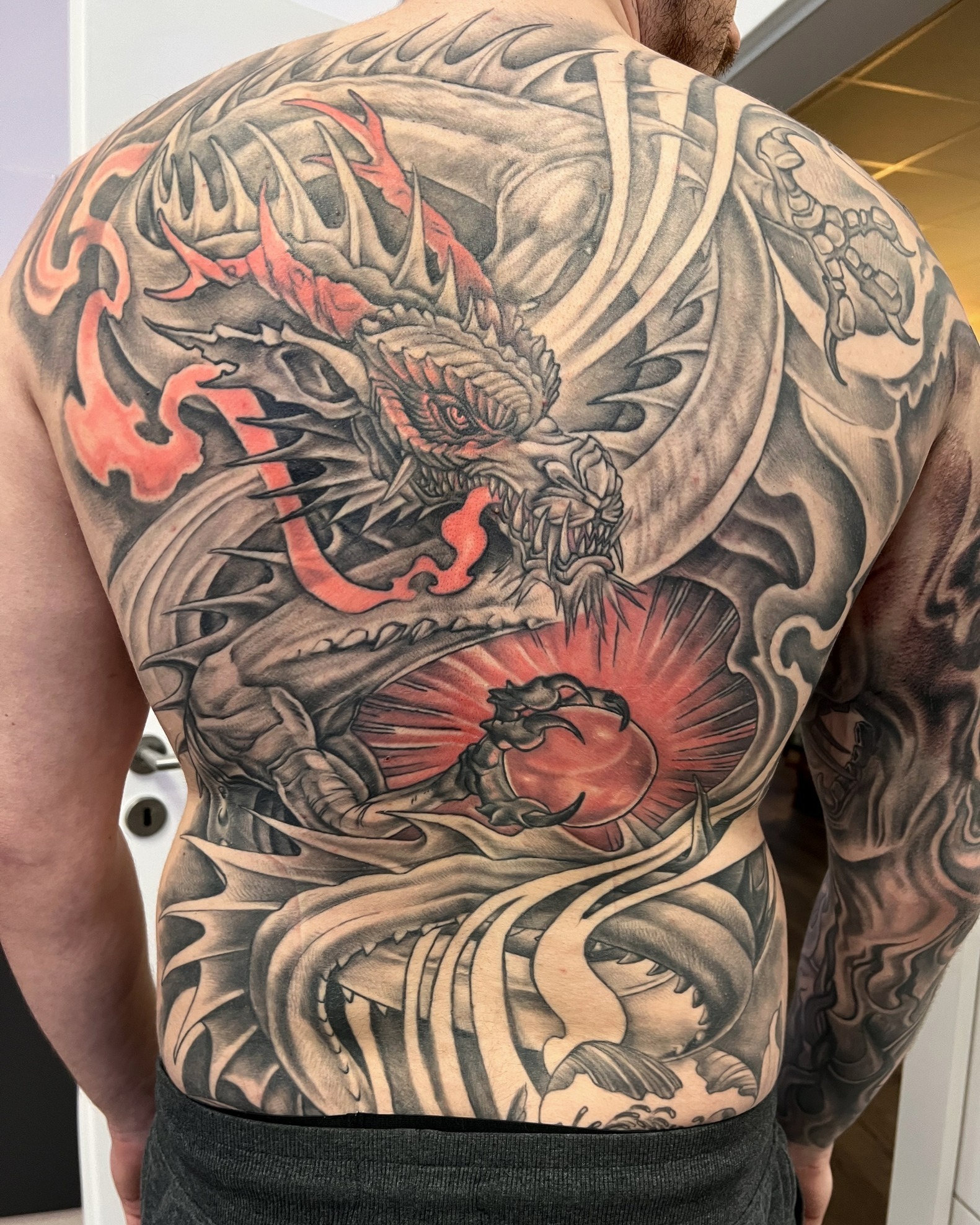 Red Sun Japanese Dragon Back Tattoo Tattoo Design