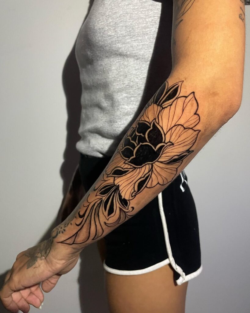 Blackout Peony Forearm Tattoo with Flowing Lines Tattoo Design